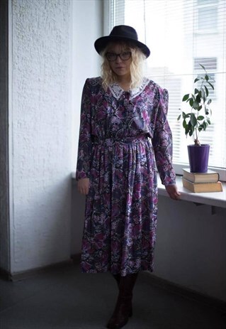 VINTAGE 80'S MULTICOLOUR FLOWER PRINT MIDI DRESS
