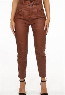 PU Wet Look Belted Trousers In Brown 