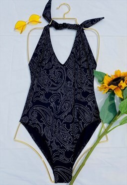 Vintage 90s Paisley Print Glitter Halter Neck Swimsuit