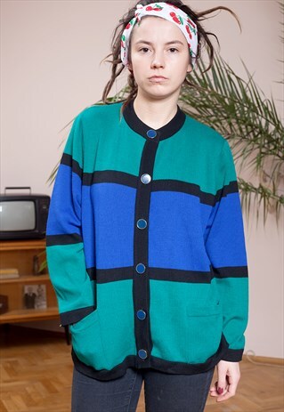VINTAGE COLOUR BLOCK OVERSIZED KNIT CARDIGAN