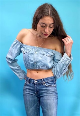 WASHED DENIM BOHO BANDEAU CROP TOP.