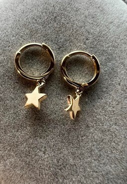 9CT Yellow Gold Plain Star Drop Hinged Earrings