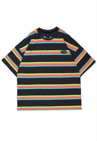 KALODIS RAINBOW STRIPED LOOSE COLLEGE STYLE T-SHIRT