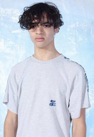 VINTAGE ASICS GREY AND BLUE EMBROIDERED TEE