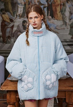 Check fleece bomber jacket pow patchwork puffer in blue