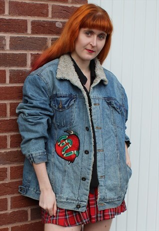 VINTAGE BLUE OVERSIZED DENIM JACKET RED SNAKE HEART BADGE