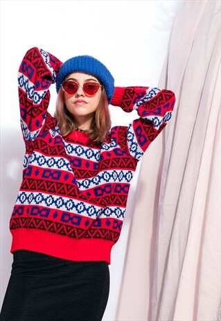 VINTAGE KNIT JUMPER 90S WEIRD PATTERN SWEATER