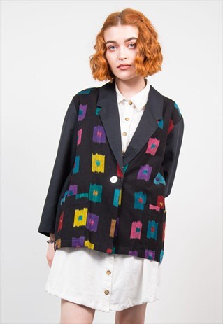 VINTAGE ABSTRACT PATTERN BLACK BLAZER JACKET