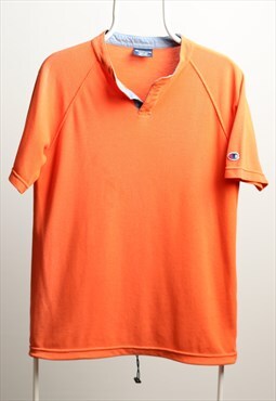 Vintage Champion Split Neck Logo T-shirt Orange Size M