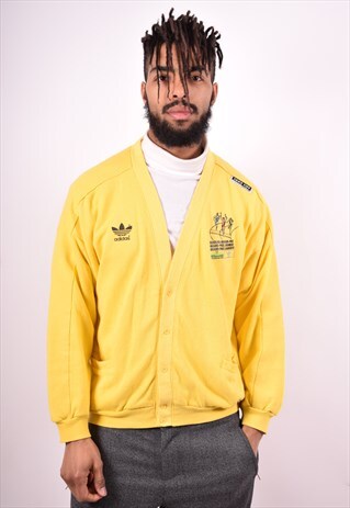 ADIDAS MENS VINTAGE CARDIGAN JUMPER LARGE YELLOW 90'S