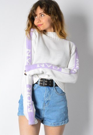 VINTAGE 90S WHITE LILAC PURPLE MOCK NECK JUMPER