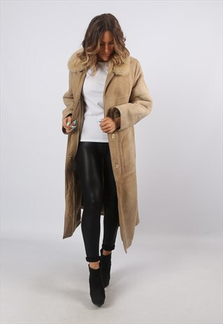 SHEEPSKIN SUEDE LONG COAT SHEARLING UK 12 MEDIUM (8BA)