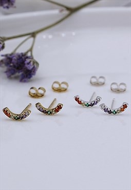 Sterling Silver and Yellow Goldplated Rainbow CZ Curve Stud 