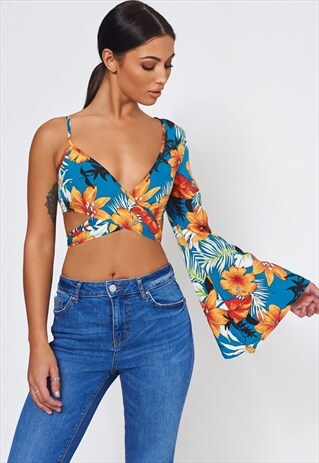 NICA ORANGE TROPICAL PRINT TIE FRONT TOP