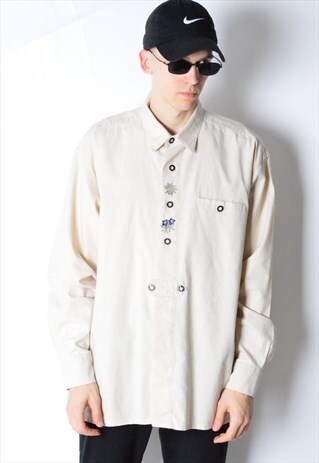 VINTAGE 80S BEIGE LINEN BLEND LONG SLEEVE SHIRT