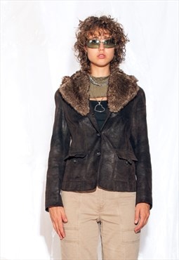 Vintage Y2K Leather Jacket in Brown Faux Fur Collar