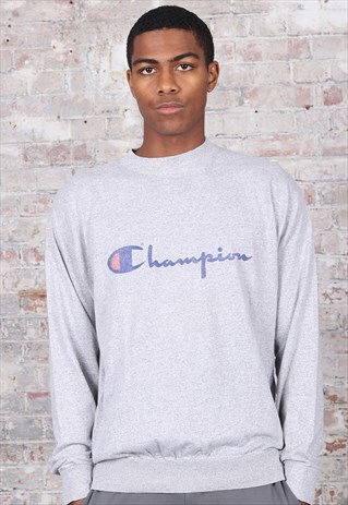 VINTAGE CHAMPION LONG SLEEVE BIG PRINT LOGO T-SHIRT GREY