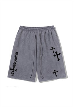 Grey Crosses Embroidered Suede Oversized Shorts Y2k
