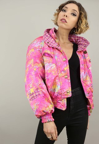 VINTAGE 80S 90S PINK PATTERNED SKI COAT