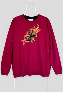 Vintage Embroidered Butterfly Red Sweatshirt Women's XL