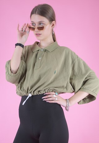 VINTAGE REWORKED RALPH LAUREN CROP TOP POLO SHIRT IN GREEN