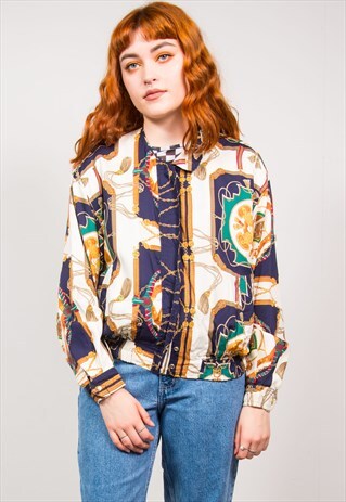 VINTAGE 90'S WHITE BAROQUE CHAIN PATTERN BOMBER JACKET