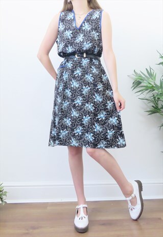 90S VINTAGE BLACK & BLUE DITSY FLORAL MIDI OVERALL DRESS