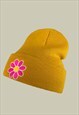 DAISY FLOWER EMBROIDERED BEANIE HAT IN MUSTARD