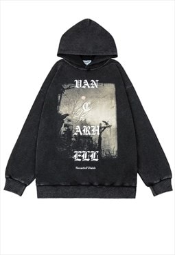 Gothic hoodie grunge pullover gloomy print top in acid black
