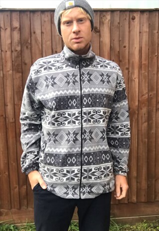 VINTAGE AZTEC FLEECE JUMPER SWEATER M/L OVERSIZED CRAZY 80S