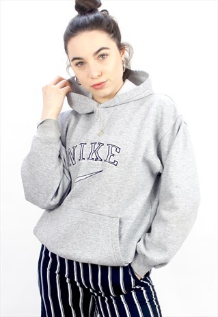 90'S RETRO GREY EMBROIDERED HOODED SWEATSHIRT