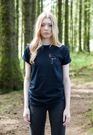 NEON PINK EMBROIDERED FLAMINGO T-SHIRT