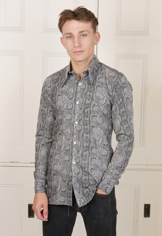 60S VINTAGE MENS SHIRT SNAKESKIN PRINT FILLED ROUND COLLAR