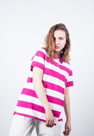 TOMMY HILFIGER VINTAGE PINK AND WHITE STRIPED POLO SHIRT
