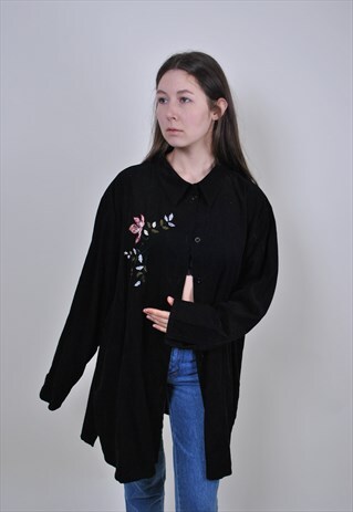 80S FLORAL EMBROIDERY SHIRT, VINTAGE BLACK OVERSIZE BLOUSE