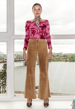 90s Vintage maple leaf photo brown trousers in autumn brown