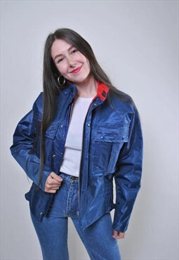 Vintage blue autumn jacket, 90s nylon women jacket 