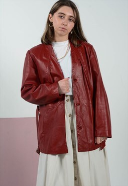 Vintage 90s Red Leather Jacket Size M Long