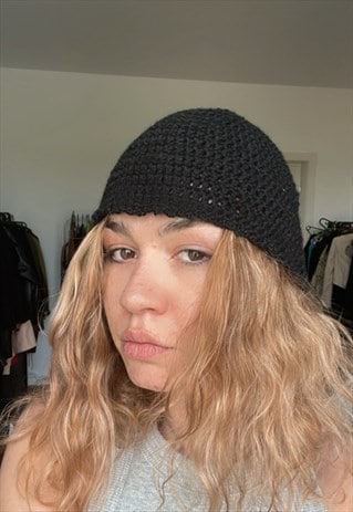 Hand Made Navy Black Cotton Crochet Beanie