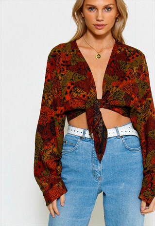 VINTAGE 90'S REWORKED TRIBAL PRINT TIE FRONT BLOUSE