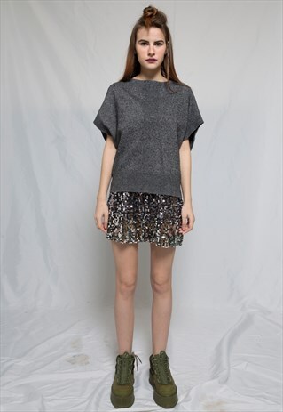 PETROL GREY WOOL KNITTED T-SHIRT