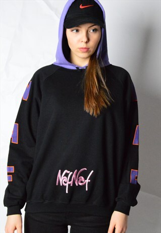 VINTAGE 90S BLACK COLOURFUL EMBROIDERED NAF NAF HOODIE