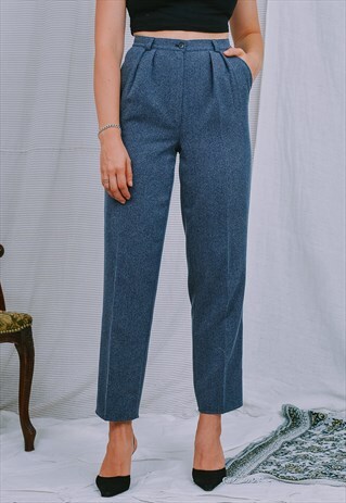 BLUE PANTS HIGH WAIST PLEATED RELAXED FIT VINTAGE STRAIGHT