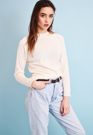 70'S RETRO BEIGE SHIMME ROLLNECK KNIT JUMPER TOP