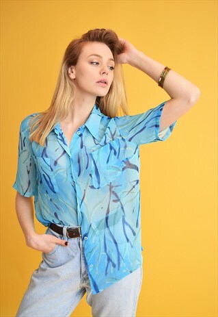 90'S RETRO BOHO ABSTRACT PATTERN SHEER SHIRT BLOUSE TOP