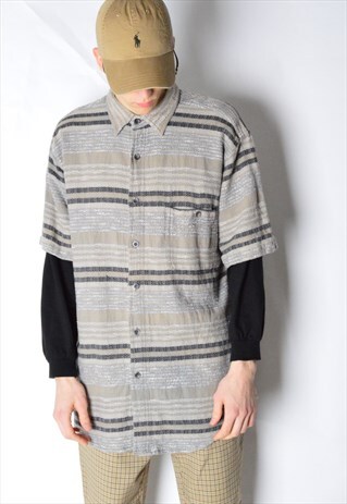 VINTAGE 80S BEIGE STRIPED SHORT SLEEVE SHIRT