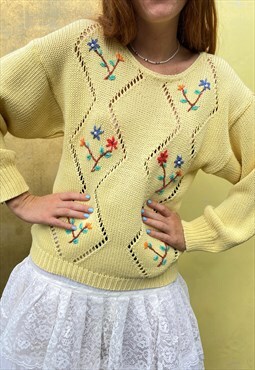 Vintage Y2K Yellow Lemon Floral Crochet Knit Jumper 