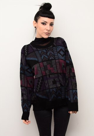 VINTAGE 90'S DARK ABSTRACT INDIE PATTERNED SLOUCHY JUMPER