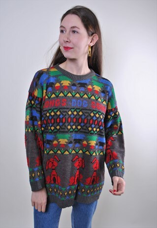 80S FUNNY DOG SWEATER, VINTAGE OVERSIZE GAME PRINT JUMPER