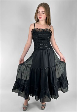 80's Vintage Ladies Black Slip Midi Sequin Evening Dress